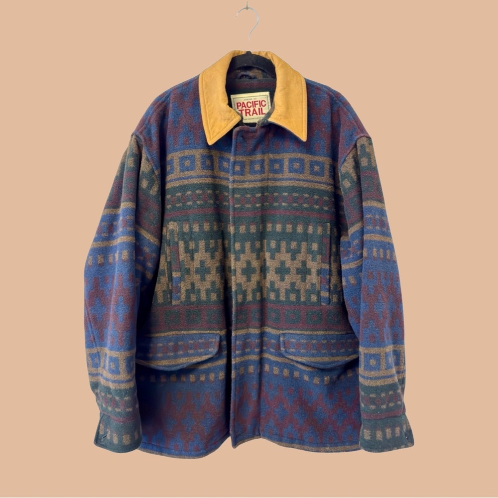 Rare Vintage Southwestern Aztec Pacific Trail Wool Barn Blanket Chore Coat-Large